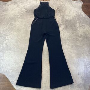 Rachel Zoe Lou Jumpsuit Womens 6 Black Sequin Neck Pockets Halter Neck Open Back